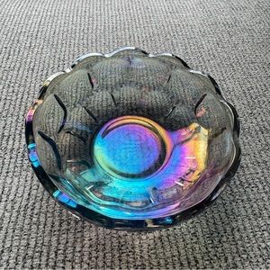 Vintage Federal Gray Iridescent Carnival Glass Bowl Scalloped Edges 5.5”